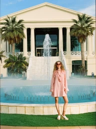 Model wearing a pink ruffle mini dress and platform espadrille wedges standing before a large fountain and neoclassical building.