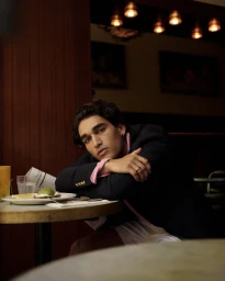 Josh Heuston resting arms on a café table with a plate of food, wearing a navy blazer and pink shirt for Australian Open x Ralph Lauren.
