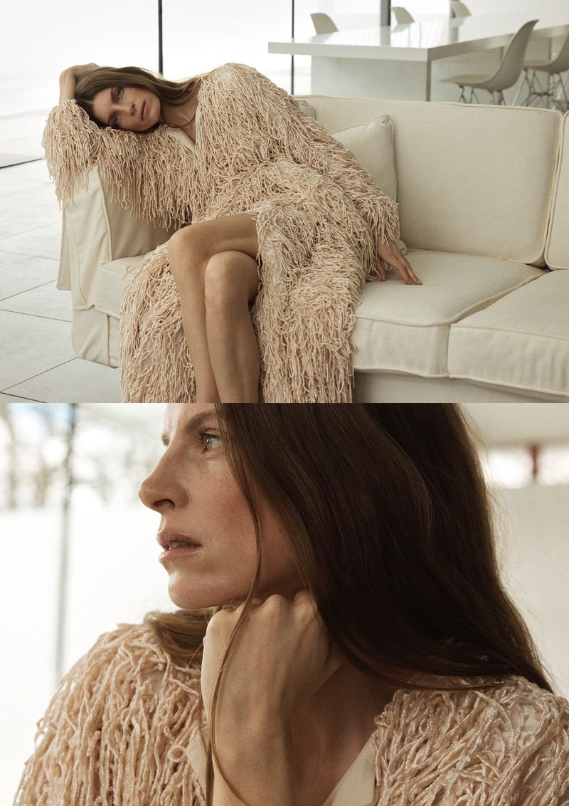 Diptych of model Luca Gajdus wearing a textured cream fringe dress while reclining on a sofa and in a close-up profile portrait.