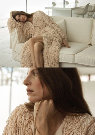 Diptych of model Luca Gajdus wearing a textured cream fringe dress while reclining on a sofa and in a close-up profile portrait.