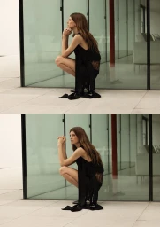 Model Luca Gajdus crouching in a black sleeveless lace dress beside large glass panels in a two-frame editorial layout.