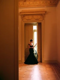 A model wearing a black off-the-shoulder evening gown stands in an ornate doorway with parquet flooring looking through double doors.