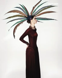 Model Astrid Baauer in profile wearing a large radiating feather headdress and a long-sleeve burgundy dress on a white background.