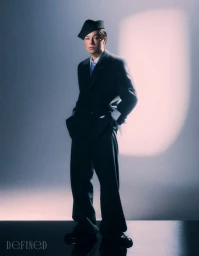 Emma D'Arcy wearing a dark suit and tilted cap in a studio portrait for DEFINED Magazine