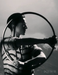 Emma D'Arcy holding a large black ring framing their profile while wearing a striped knit sweater in black and white.