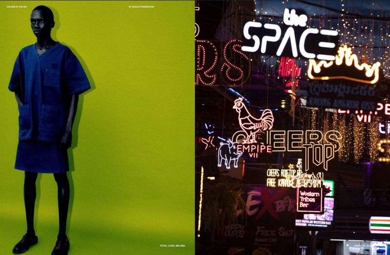 Model Bukwop Kir standing in a navy two-piece set against a chartreuse backdrop beside a diptych of glowing neon city signs.