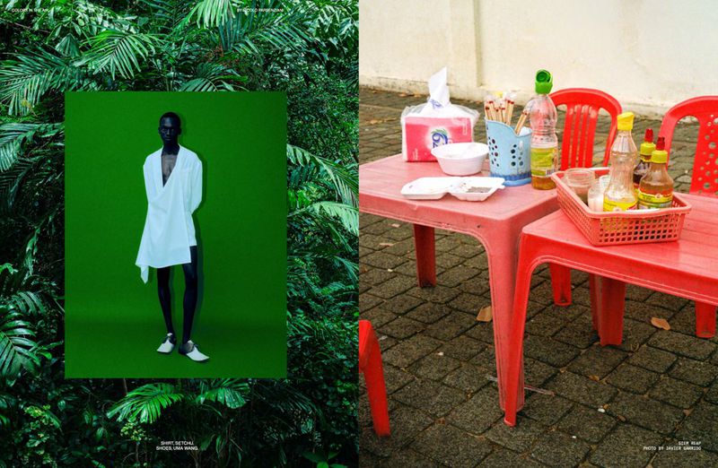 Diptych editorial spread featuring model Bukwop Kir in a draped white tunic against green foliage beside red plastic dining tables.