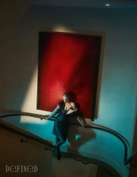 Actor Emma Laird leaning against a curved staircase railing in a dark dress before a red canvas in DEFINED Magazine.