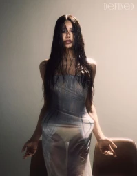 Model Munroe Bergdorf in a sheer grey dress with long dark wet hair standing against a plain background
