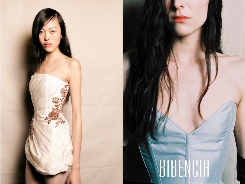 Diptych featuring a model in a white ruched strapless mini dress on the left and a close-up of a pale blue satin corset on the right.