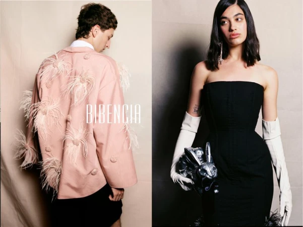 Split fashion portrait showing a man in a pink feather-embellished jacket and a woman in a black strapless dress holding a silver rabbit bag.