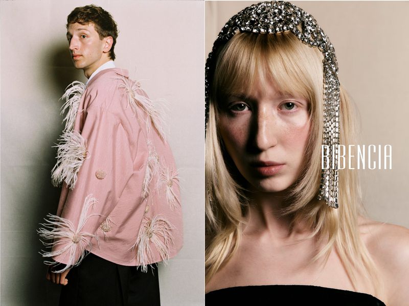 Two fashion portraits featuring a man in a pink feather-adorned shirt and a blonde woman wearing a crystal headpiece.