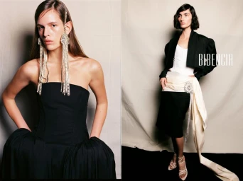 Diptych of models wearing black and white eveningwear with ornate crystal jewelry against a draped fabric backdrop.