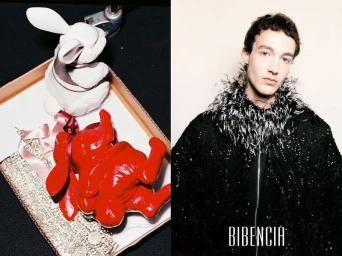 Diptych of rabbit figurines in a box alongside a male model wearing a black sequined jacket with a feathered collar.