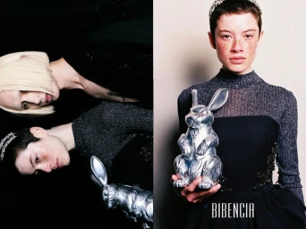 Model with freckles and a jeweled headband holds a silver rabbit sculpture in a fashion diptych alongside a blonde model.