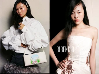 Diptych of an East Asian model posing in a white voluminous puff sleeve shirt with a painted bag and a white strapless embroidered gown.