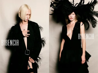 Diptych of two models wearing dramatic black couture garments with prominent black feather embellishments and a large feather headdress.