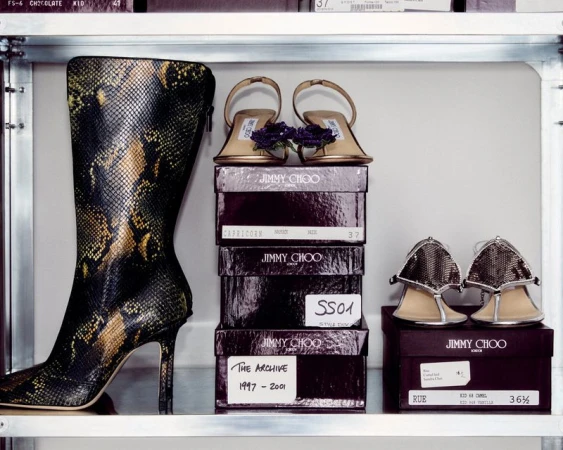 High angle shot of Jimmy Choo stiletto heels and a snakeskin boot on shelves, with product boxes, in a high-key setting.