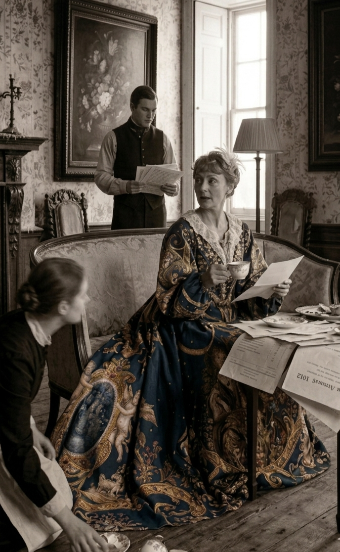 Woman in an ornate navy and gold period gown seated on a settee holding tea and letters with two attendants in a manor parlour.