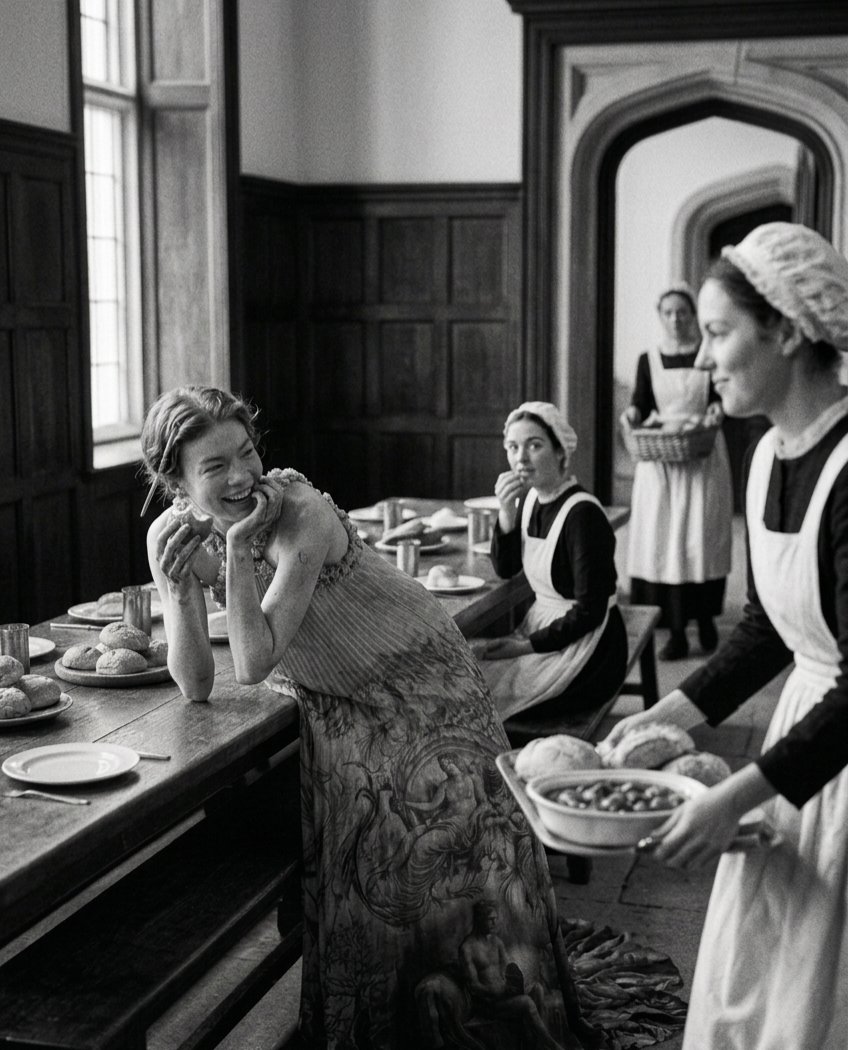 Black and white editorial image of women in period servant attire serving food in a historic hall by Taposhi Rabeya.