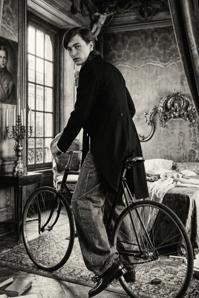A man wearing a black tailcoat and wide-leg jeans seated on a vintage bicycle inside an ornate classic bedroom.
