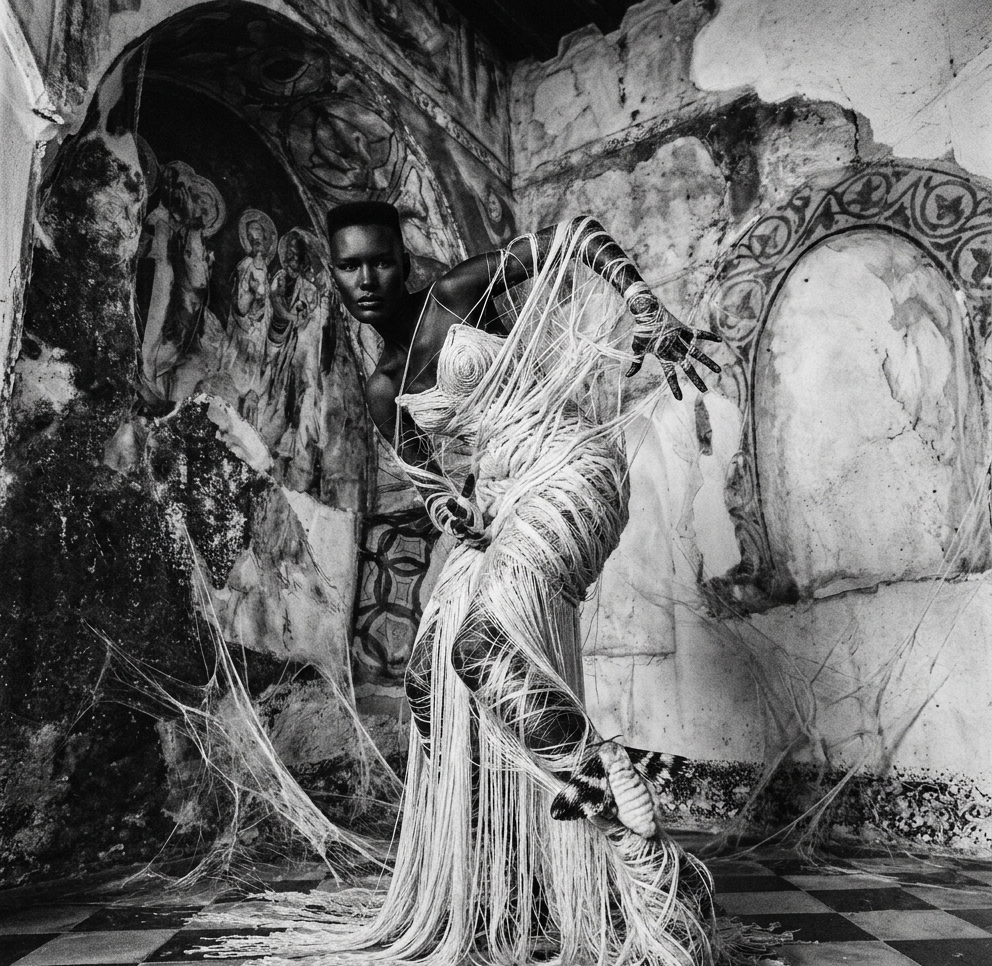 Grace Jones posing dynamically wrapped in intricate white string drapery inside a weathered stone interior with arched wall frescoes.