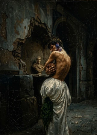 An oil painting of a bare-backed figure in a voluminous white skirt standing in a crumbling classical stone interior.