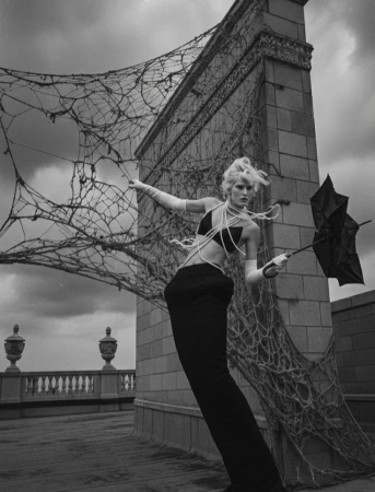 Monochrome fashion portrait of a model holding a windswept umbrella on a rooftop with rope netting installations.