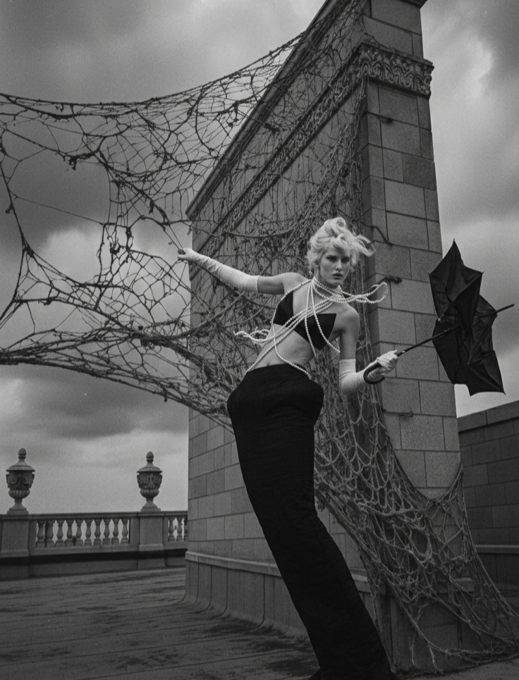 Monochrome fashion portrait of a model holding a windswept umbrella on a rooftop with rope netting installations.