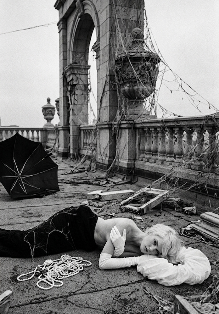 Black and white photo of a blonde woman lying on a debris-strewn stone rooftop wearing opera gloves beside pearl necklaces.