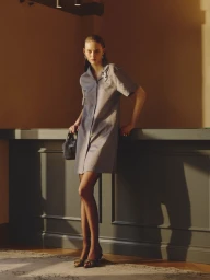 Model Agnes Wahlström poses in a grey short-sleeve shirt dress holding a small handbag in front of dark wood wall panelling.