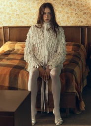 Sunday Rose Kidman Urban seated on a bed with a plaid blanket wearing a white ruffled jacket and tights in a retro styled room.