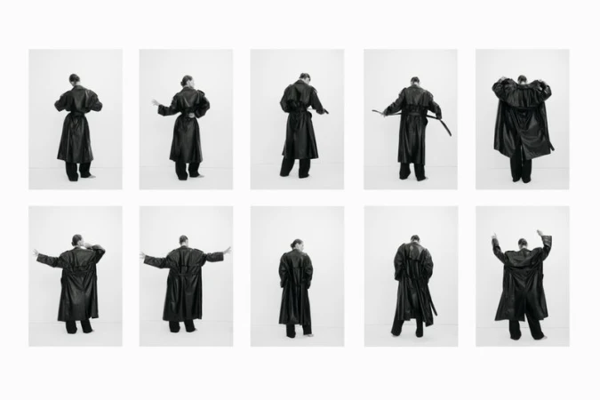 Malgosia Bela in a black leather trench coat posing in a ten-frame monochrome contact sheet sequence on a white backdrop.