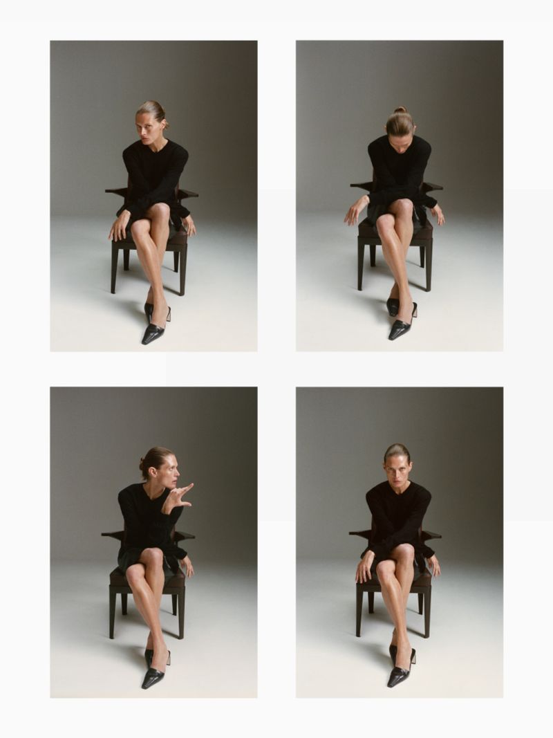 Four-panel contact sheet of Malgosia Bela seated on a dark wooden chair in a black dress and heels against a studio backdrop.