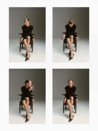 Four-panel contact sheet of Malgosia Bela seated on a dark wooden chair in a black dress and heels against a studio backdrop.