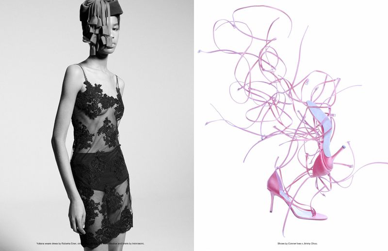 A split image shows a woman in a black lace dress and high heels surrounded by pink strings on a white background.