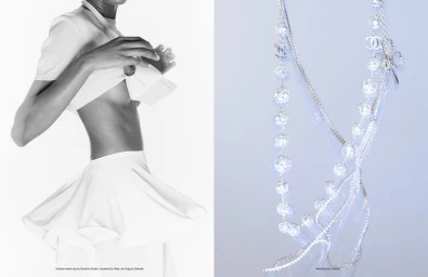 Fashion diptych of a model in a white cropped outfit beside a close-up of a sparkling crystal beaded Chanel necklace.