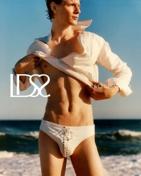 A man on a sunny beach pulls up a white collared shirt to reveal white lace-up swim briefs against breaking ocean waves.