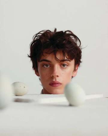 Portrait of a young man with dark tousled hair resting his chin on a surface behind speckled white eggs.