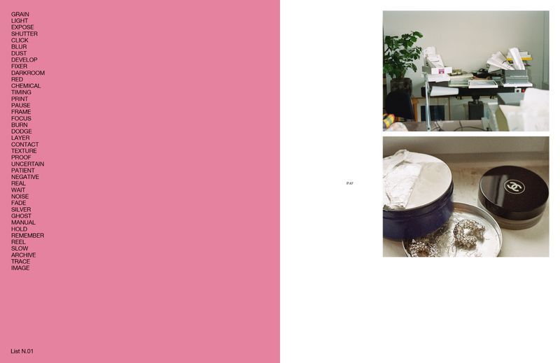 Pink background with photography terms, contrasted by an office desk and objects, in an editorial style composition.