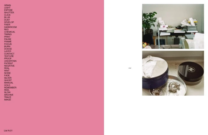 Pink background with photography terms, contrasted by an office desk and objects, in an editorial style composition.