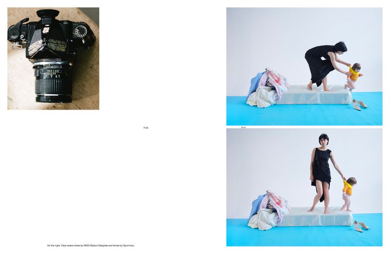 Collage of a vintage camera and an editorial photoshoot with a woman assisting a toddler on a mattress with fashion clothing nearby.
