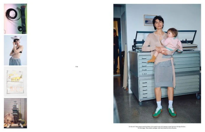 Woman and child pose together in a modern, interior setting with neutral tones, complemented by a large metal filing cabinet.