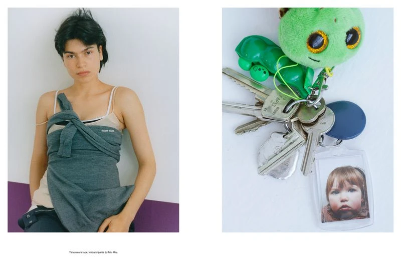 Split image of a young woman posing against a white wall, and a keychain with keys and a picture on a white surface.