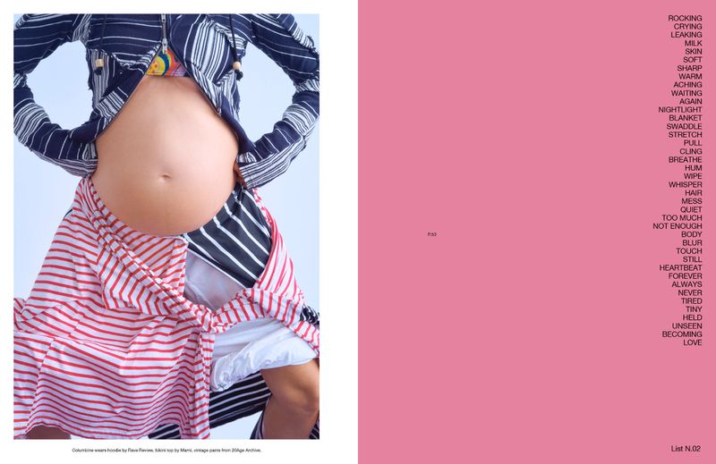 Striking studio shot of a pregnant woman in casual striped clothing, with a split composition showcasing the subject and abstract text.