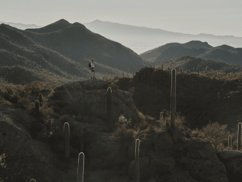 A lone figure with a backpack standing atop a rocky outcrop surrounded by saguaro cacti and layered desert mountains.