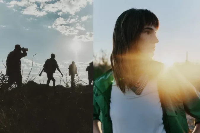 Split view of silhouetted hikers on an outdoor ridge and a close-up of a woman in a green jacket illuminated by golden sunlight.