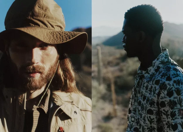 Diptych of two male models outdoors wearing Moncler Grenoble technical outerwear and a patterned shirt in a desert setting.