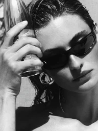 Close-up black and white portrait of Grace Elizabeth wearing dark sunglasses and holding a glass bottle to her forehead.
