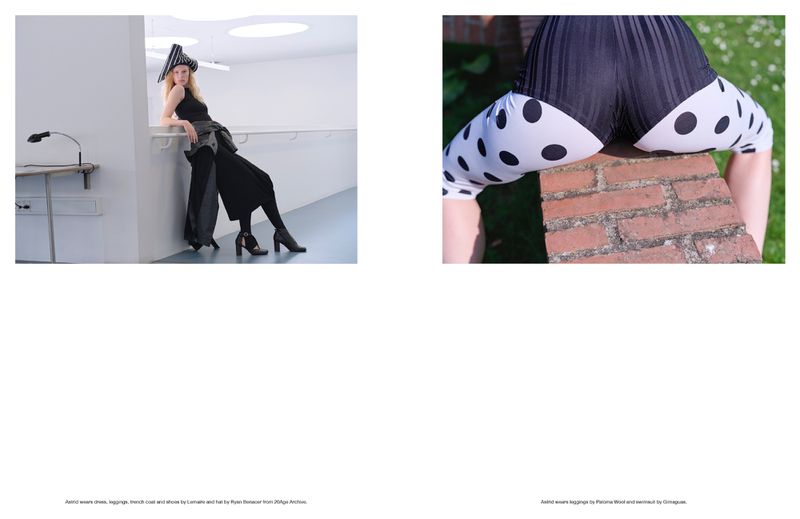 Fashion editorial shot: Model in black dress and striped hat poses indoors, while another model wears polka dot leggings outdoors.